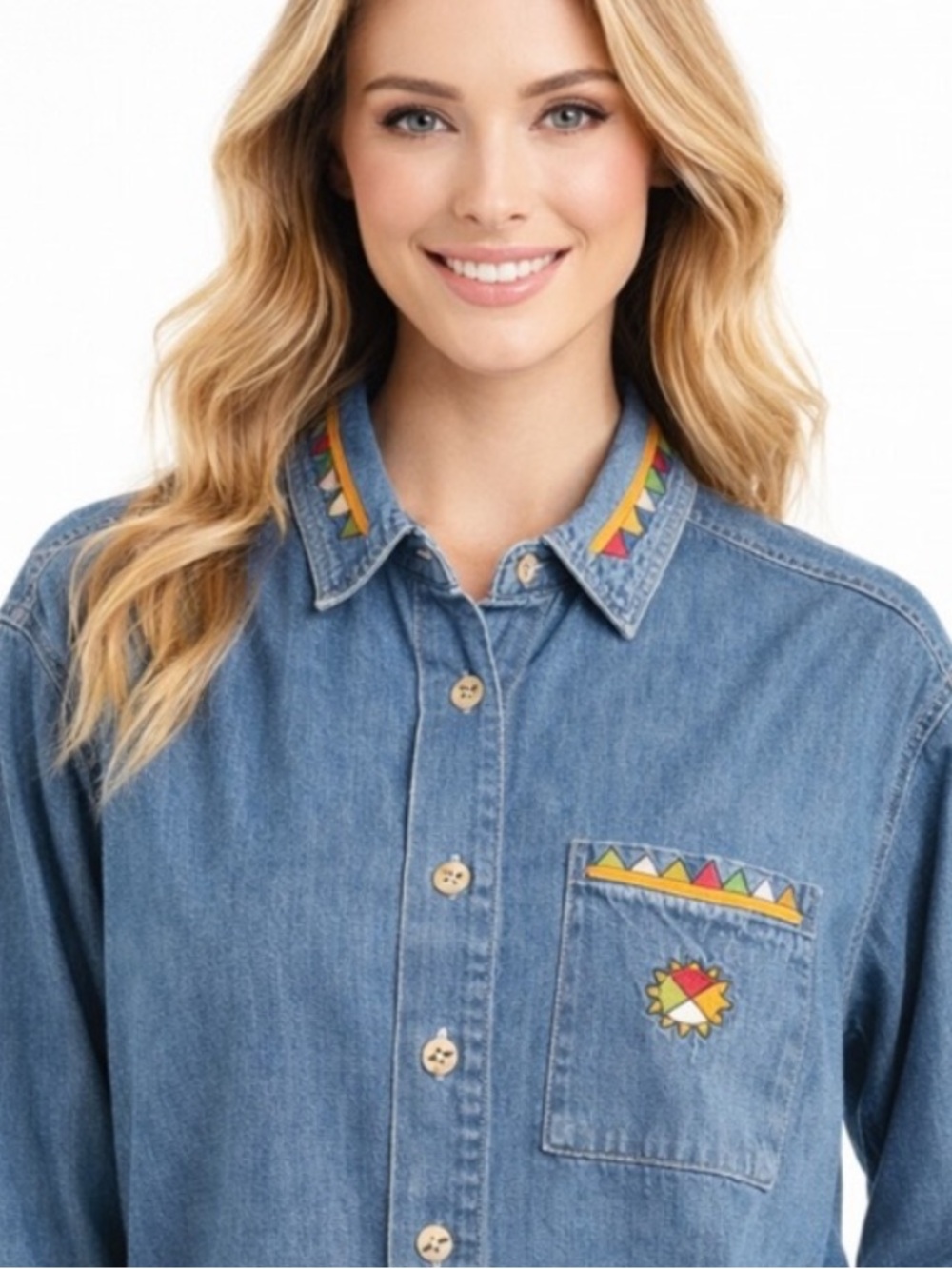 Chico's Design Vintage Denim Chambray Button-Up Shirt Cotton Embroidered Trim